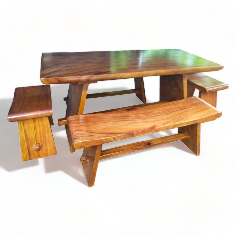 Modern Acacia Wood Dining Table Set with Double Bench Stool Live Edge Natural Slab Suar Wood Restaurant Furniture for Hotels