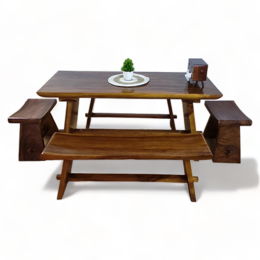 Modern Acacia Wood Dining Table Set with Double Bench Stool Live Edge Natural Slab Suar Wood Restaurant Furniture for Hotels