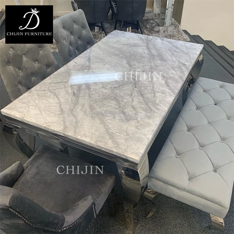 Luxury Marble Glass Dining Table Set 6 Seat Silver Stainless Steel Base Dining Furniture