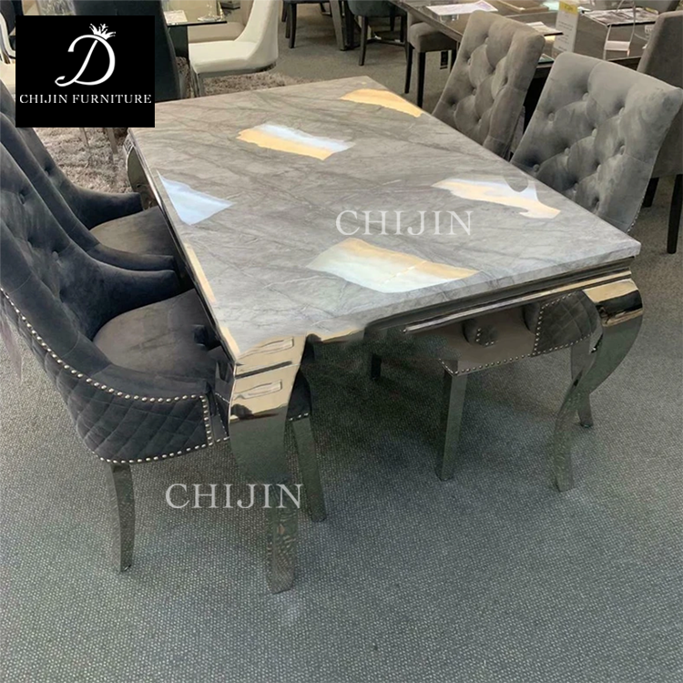 Luxury Marble Glass Dining Table Set 6 Seat Silver Stainless Steel Base Dining Furniture