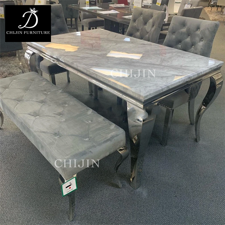 Luxury Marble Glass Dining Table Set 6 Seat Silver Stainless Steel Base Dining Furniture