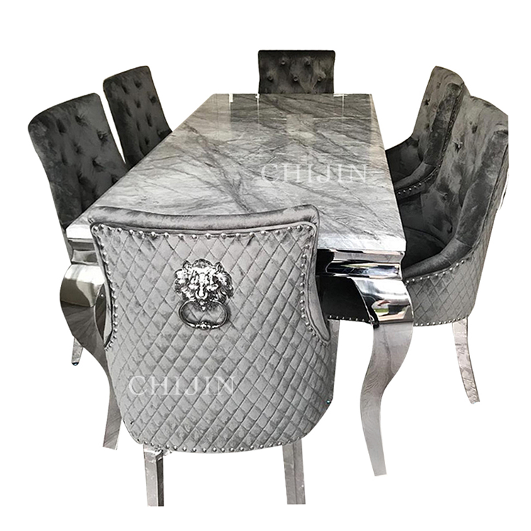 Luxury Marble Glass Dining Table Set 6 Seat Silver Stainless Steel Base Dining Furniture