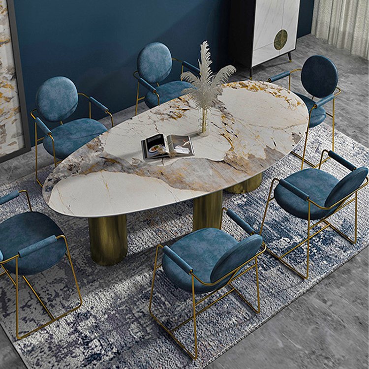 Italy design oval shape golden steel 3 legs modern dining room furniture set marble dining table set 6 chairs