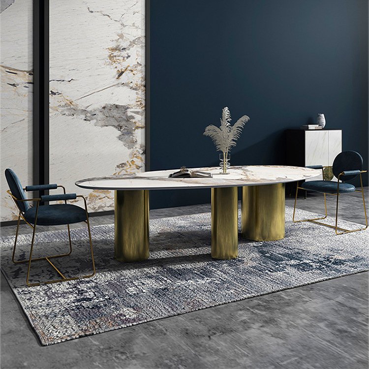 Italy design oval shape golden steel 3 legs modern dining room furniture set marble dining table set 6 chairs