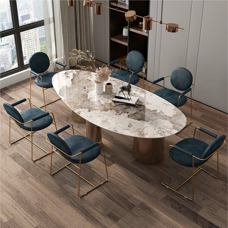 Italy design oval shape golden steel 3 legs modern dining room furniture set marble dining table set 6 chairs