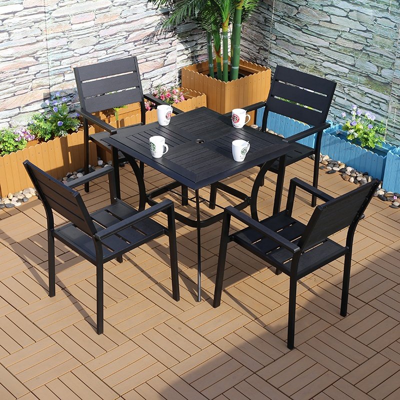 Resort Hotel restaurant Outdoor garden dining set furniture/patio plastic wood dining table and chair set Outdoor furniture