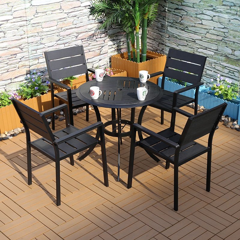 Resort Hotel restaurant Outdoor garden dining set furniture/patio plastic wood dining table and chair set Outdoor furniture