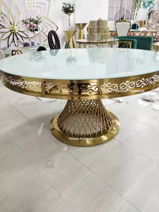 Popular design stainless steel dining table round glass top event dinning table