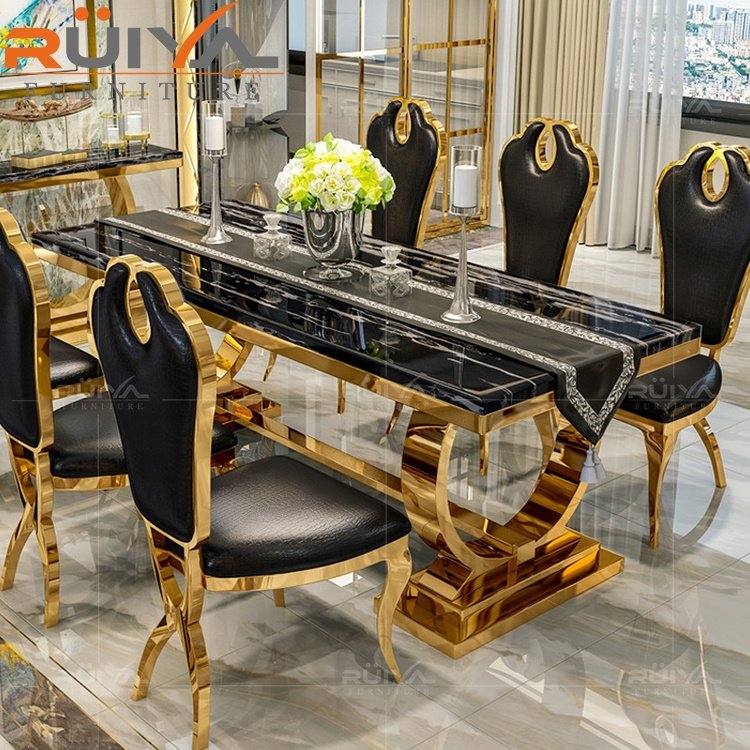 Factory Manufacture stainless steel gold frame dining table set modern marble luxury