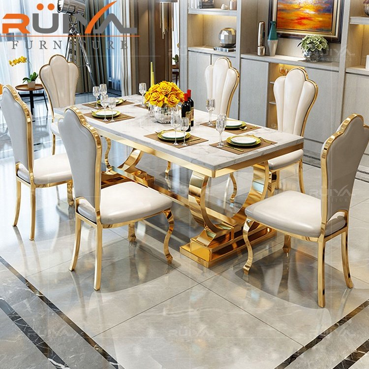 Factory Manufacture stainless steel gold frame dining table set modern marble luxury