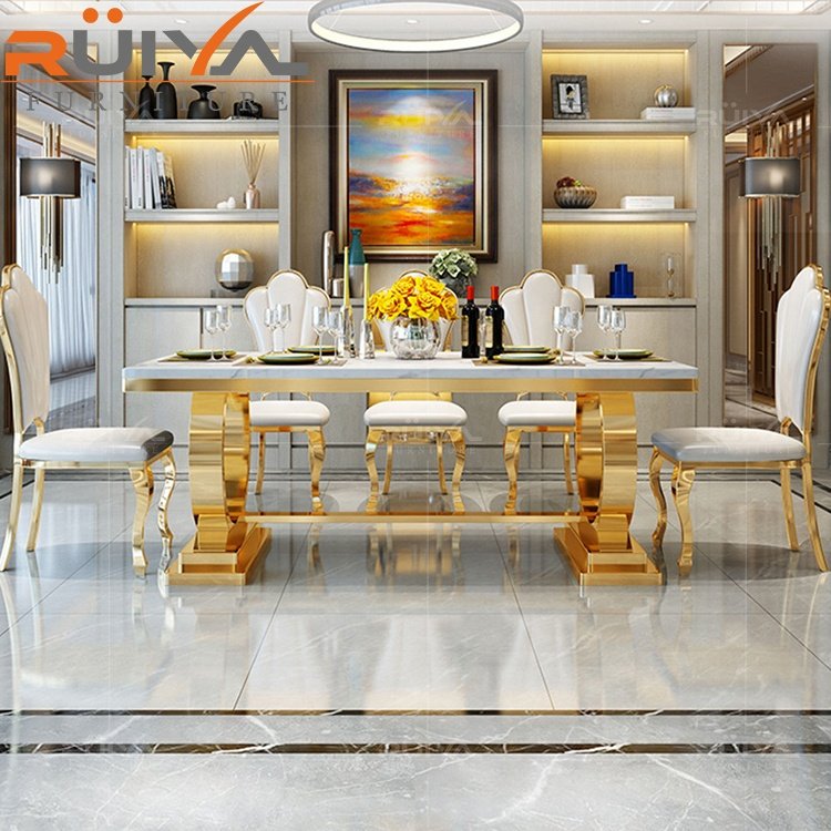 Factory Manufacture stainless steel gold frame dining table set modern marble luxury