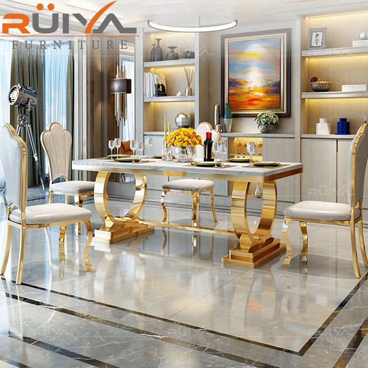 Factory Manufacture stainless steel gold frame dining table set modern marble luxury