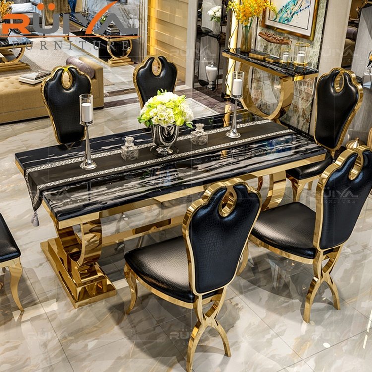 Factory Manufacture stainless steel gold frame dining table set modern marble luxury