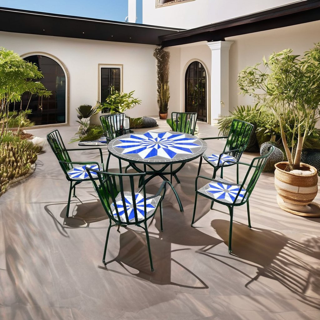 Modern Outdoor Garden Picnic Table with Iron Frame & Ceramic Tile Top Mosaic round Dining Table from Top Manufacturer