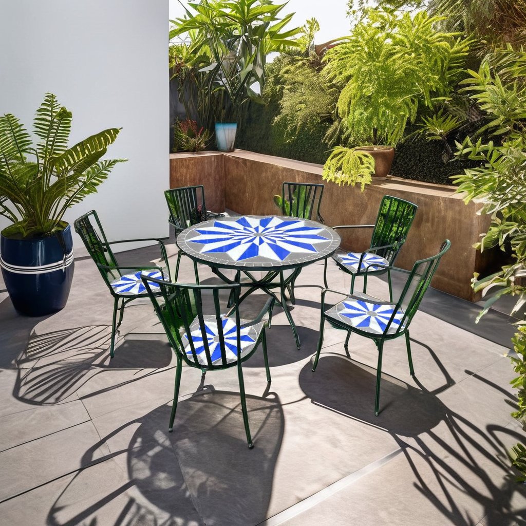 Modern Outdoor Garden Picnic Table with Iron Frame & Ceramic Tile Top Mosaic round Dining Table from Top Manufacturer