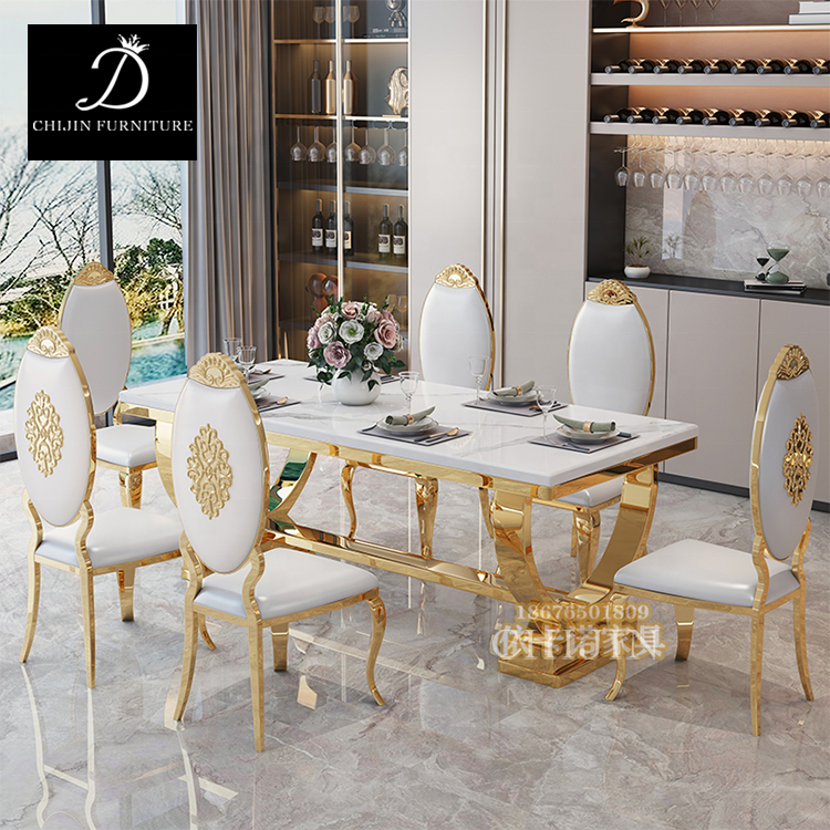 Luxury Stainless Steel Gilded Marble Long Dining Table Set 6 Seater Restaurant Dining Table Furniture