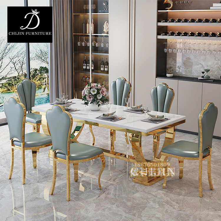 Luxury Stainless Steel Gilded Marble Long Dining Table Set 6 Seater Restaurant Dining Table Furniture