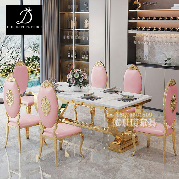 Luxury Stainless Steel Gilded Marble Long Dining Table Set 6 Seater Restaurant Dining Table Furniture