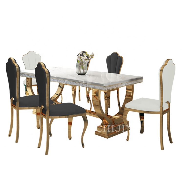 Luxury Stainless Steel Gilded Marble Long Dining Table Set 6 Seater Restaurant Dining Table Furniture