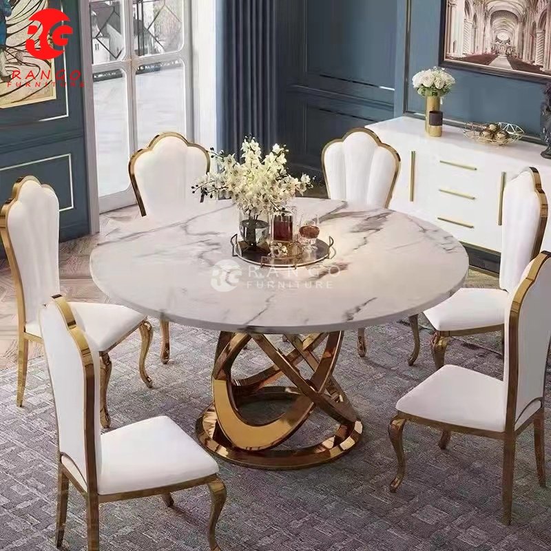 Modern luxury round gold marble dining table dining table sets dining room set with 8 seaters chairs