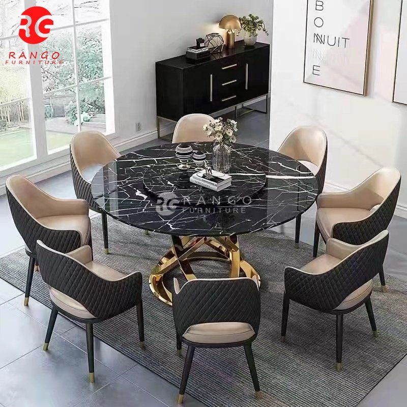 Modern luxury round gold marble dining table dining table sets dining room set with 8 seaters chairs