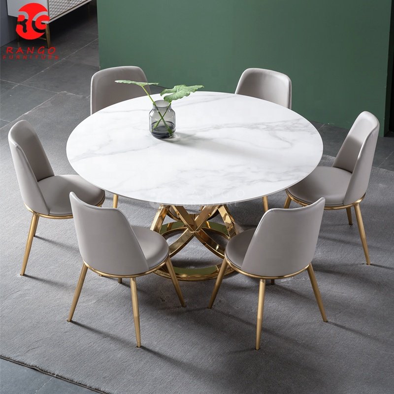 Modern luxury round gold marble dining table dining table sets dining room set with 8 seaters chairs