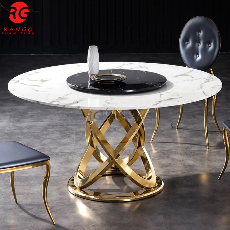Modern luxury round gold marble dining table dining table sets dining room set with 8 seaters chairs
