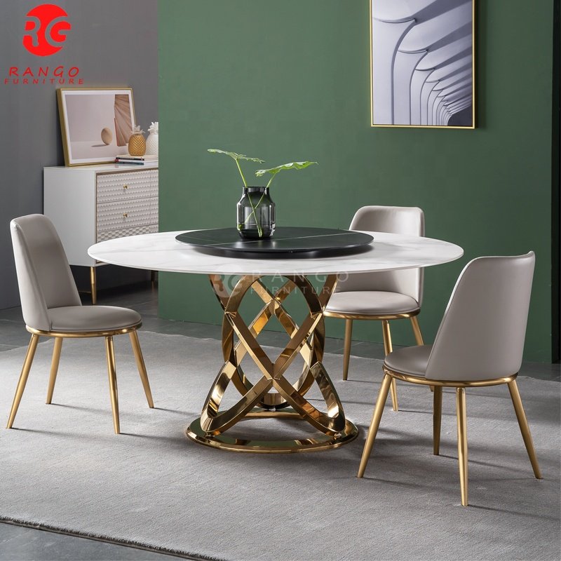 Modern luxury round gold marble dining table dining table sets dining room set with 8 seaters chairs
