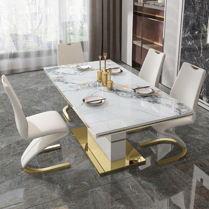 Luxury Modern Dining Room Furniture Set Stainless Steel Light Rock Rectangular Dining Tables Set