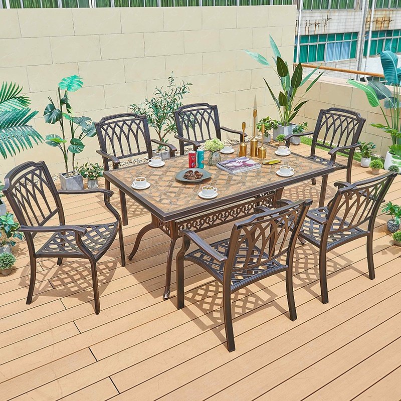 Indoor Dining Room Luxury Waterproof Cast Long Table Aluminum Outdoor Terrace Dining Table and Chair Set for 6