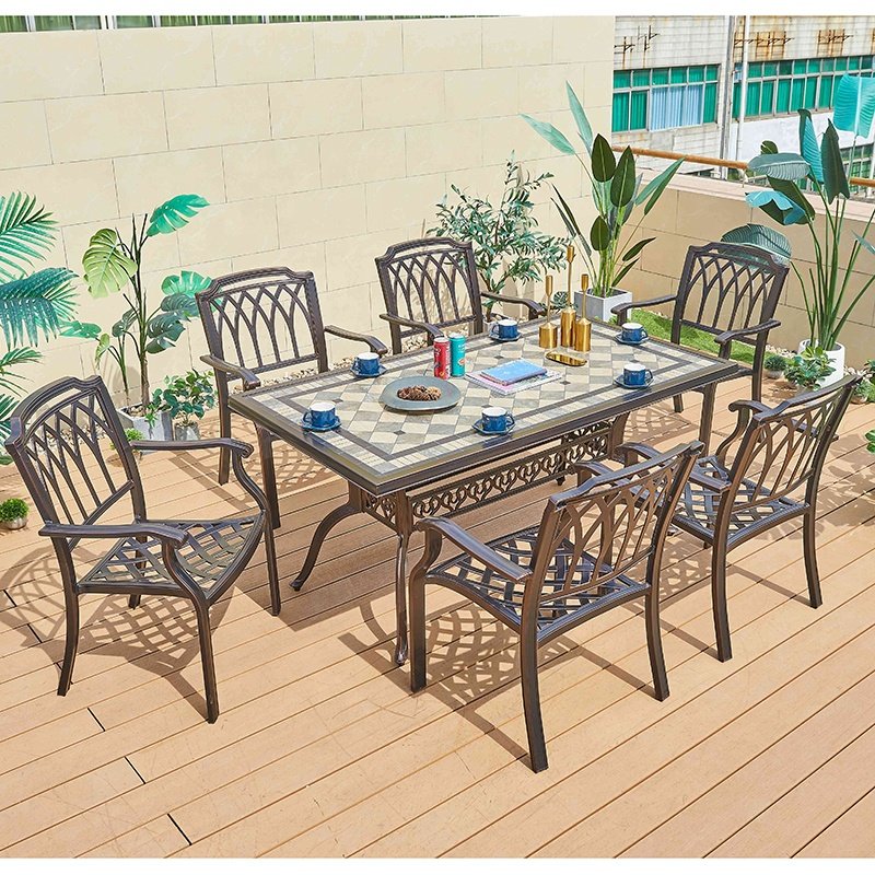 Indoor Dining Room Luxury Waterproof Cast Long Table Aluminum Outdoor Terrace Dining Table and Chair Set for 6
