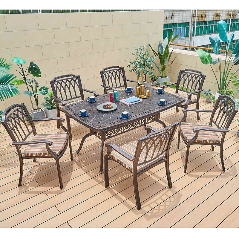 Indoor Dining Room Luxury Waterproof Cast Long Table Aluminum Outdoor Terrace Dining Table and Chair Set for 6
