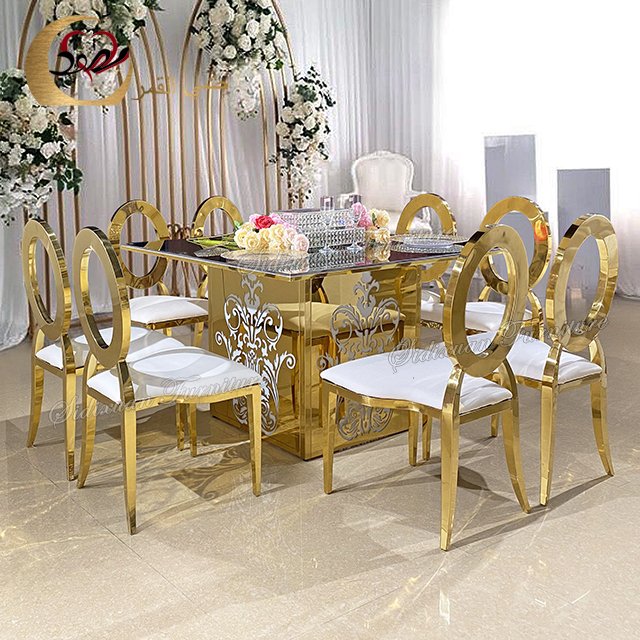 Lighted up glowing golden metal glass top dining table and 6 chairs