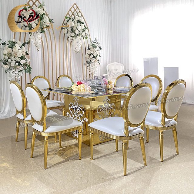 Lighted up glowing golden metal glass top dining table and 6 chairs