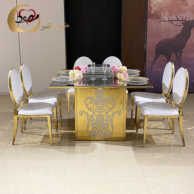 Lighted up glowing golden metal glass top dining table and 6 chairs