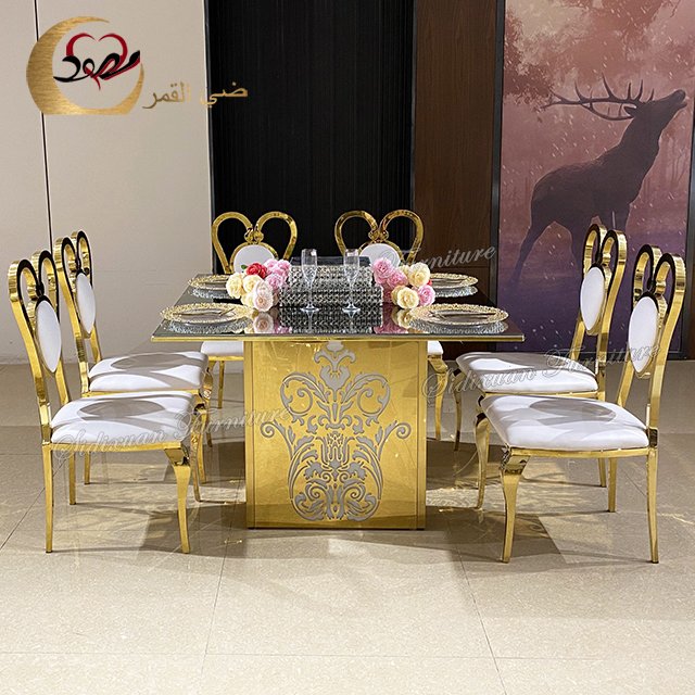 Lighted up glowing golden metal glass top dining table and 6 chairs
