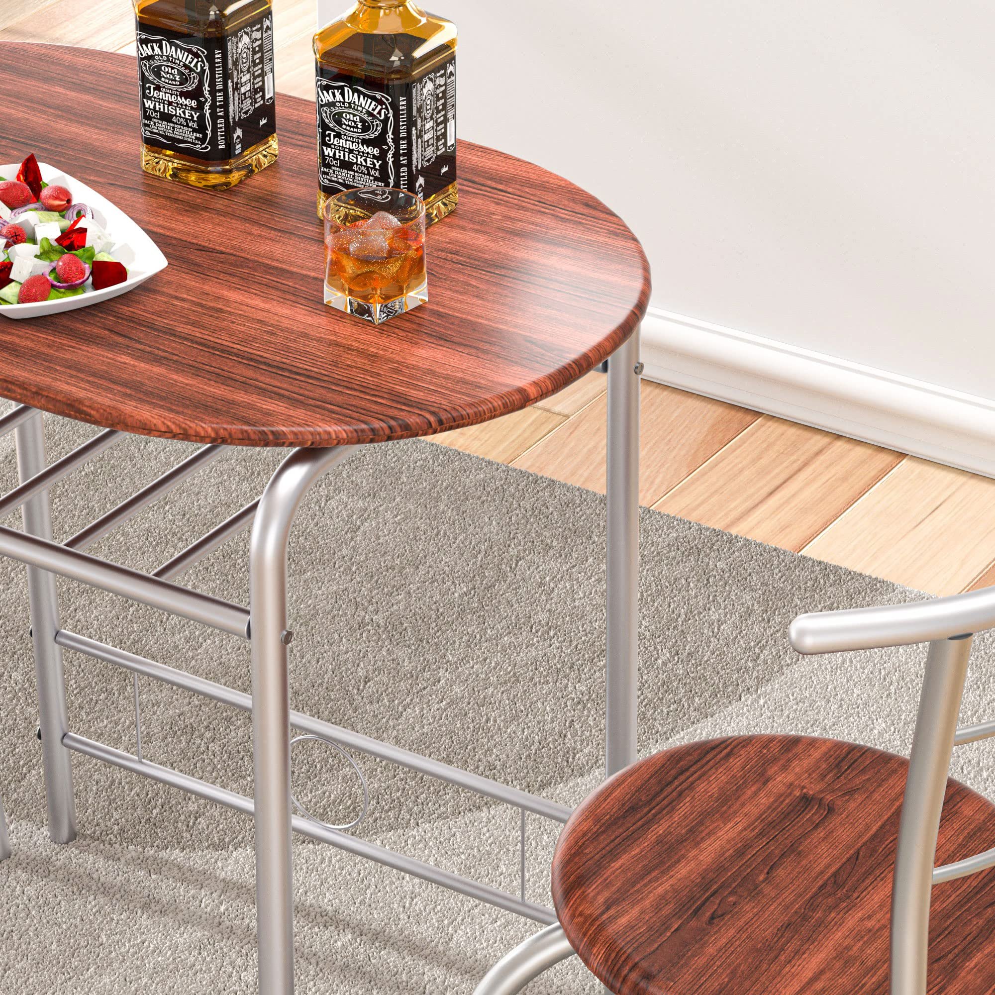 3 Piece Wood Round Table & Chair Set for Dining Room Kitchen with Wine Storage Rack Space Saving Natural and Silver