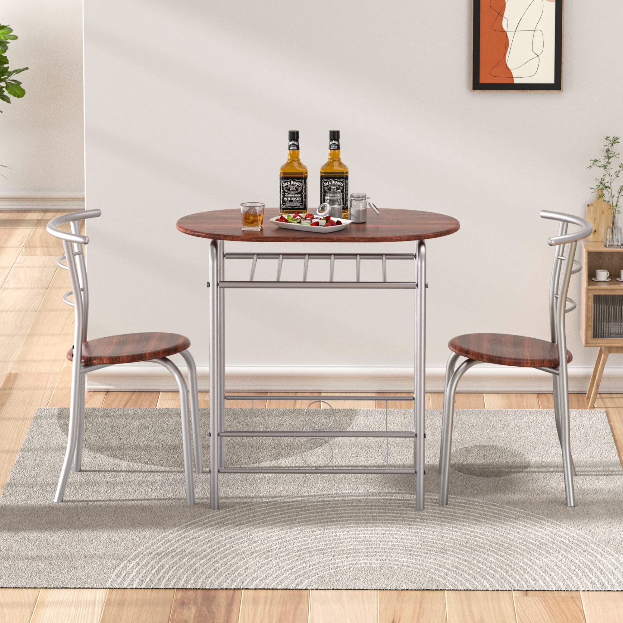 3 Piece Wood Round Table & Chair Set for Dining Room Kitchen with Wine Storage Rack Space Saving Natural and Silver