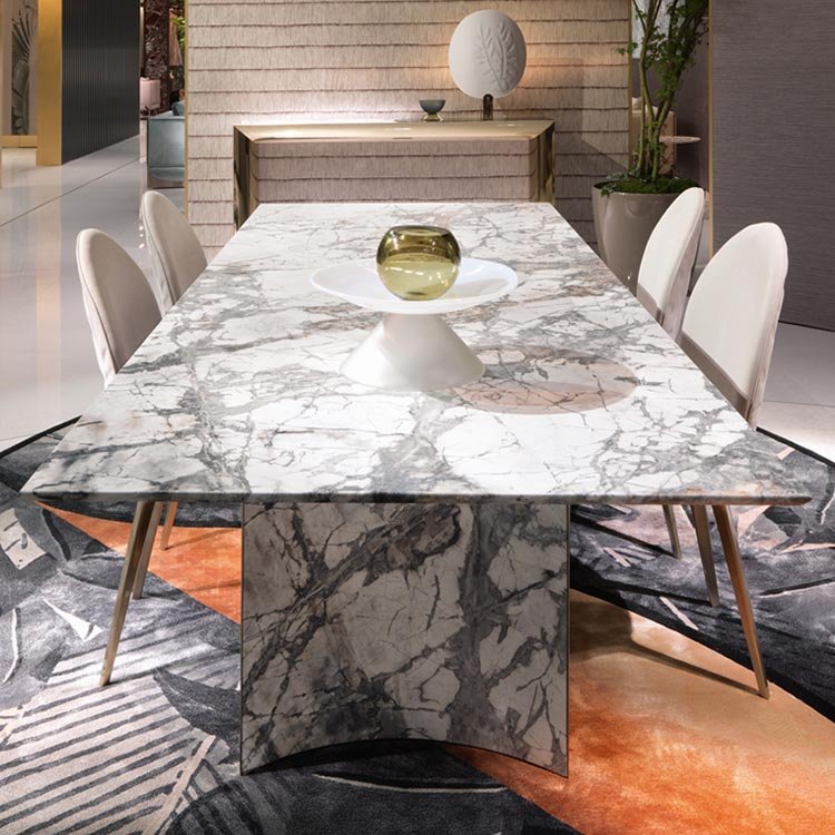 Italian luxury dining room furniture rectangular marble top stainless steell leg dining table set 8 seat villas dining table
