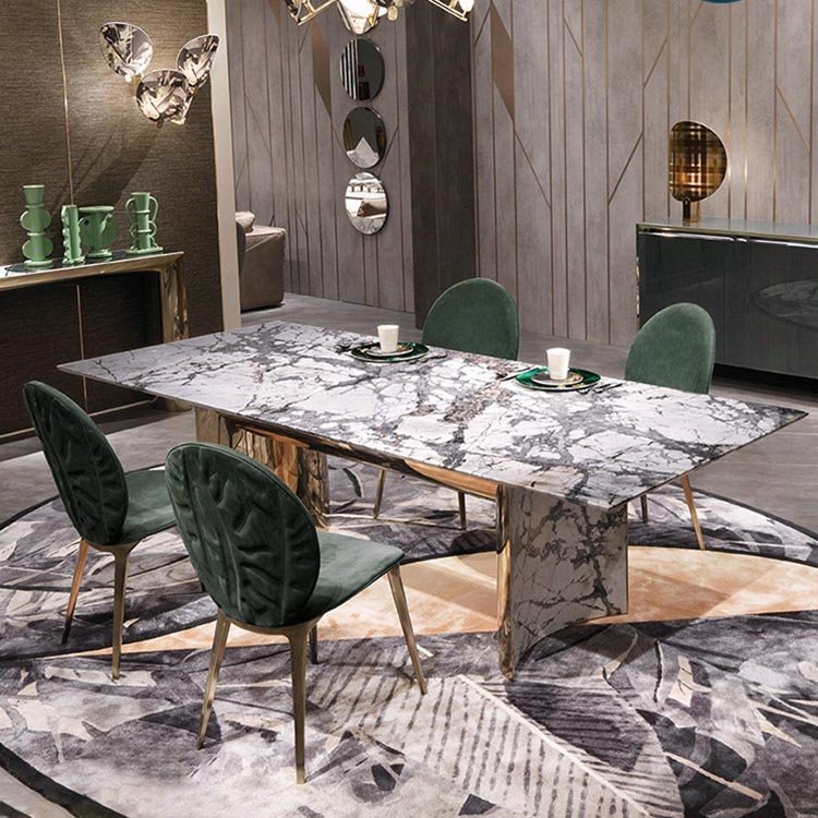 Italian luxury dining room furniture rectangular marble top stainless steell leg dining table set 8 seat villas dining table