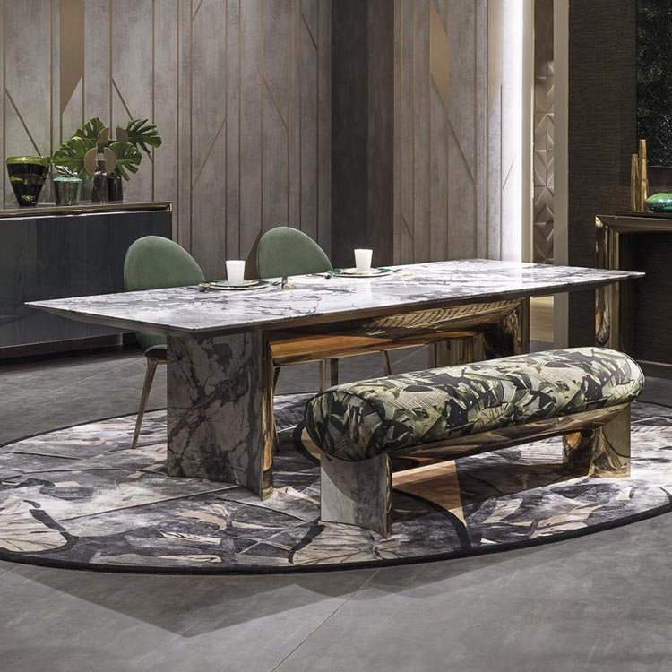 Italian luxury dining room furniture rectangular marble top stainless steell leg dining table set 8 seat villas dining table