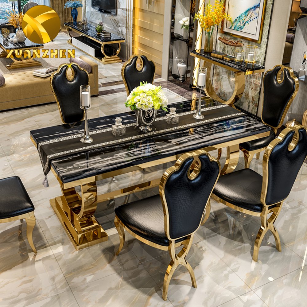 Foshan furniture marble dining table set restaurant gold metal luxury dining table with 6 chairs for sale DT004