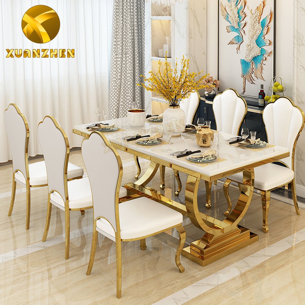 Foshan furniture marble dining table set restaurant gold metal luxury dining table with 6 chairs for sale DT004