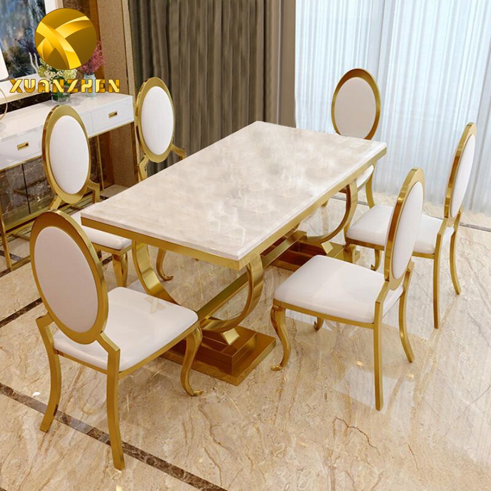 Foshan furniture marble dining table set restaurant gold metal luxury dining table with 6 chairs for sale DT004