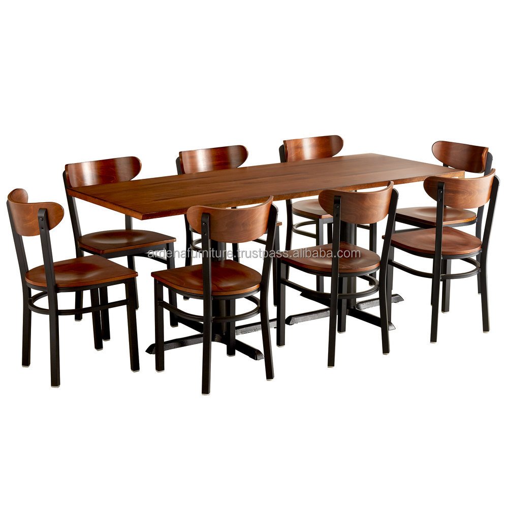 Restaurant Sets Antique Teak Wood Cafe Coffee Shop Rectangular Dining Tables 8 Modern Boomerang-Style Chairs Seating
