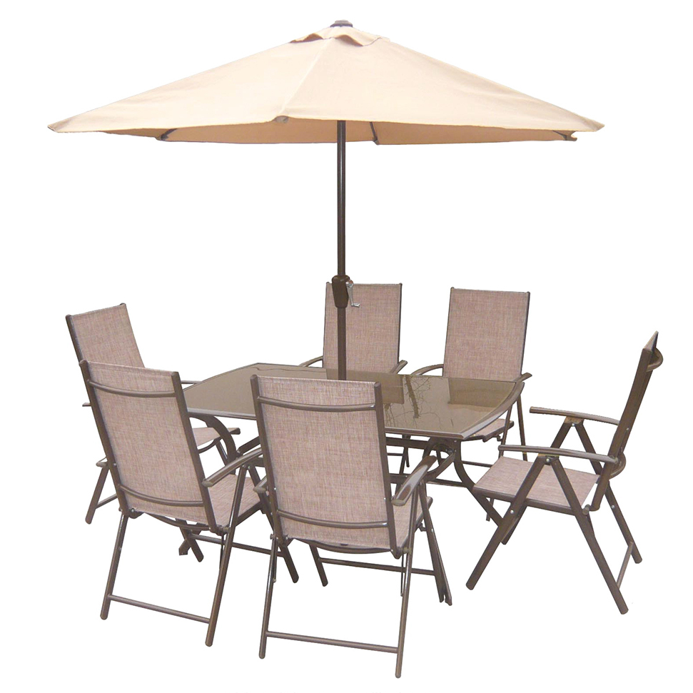 Modern Design 8 PCS outdoor Patio dining table chair Set with Market Umbrella Patio Sling Furniture Garden Sets