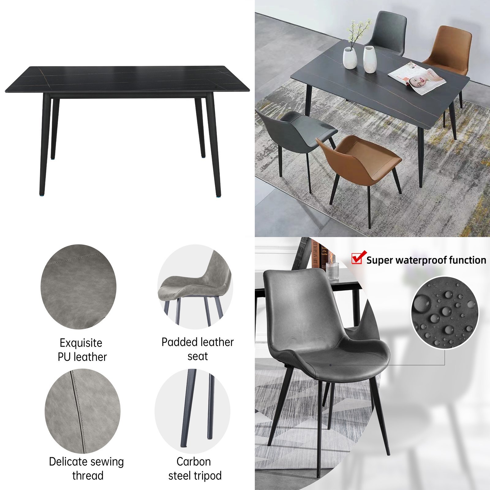 NOVA Modern Dining Room Furniture Black Slate Stone 4 6 Seat Rectangle Dining Table With Metal Base Marble Tables Sets