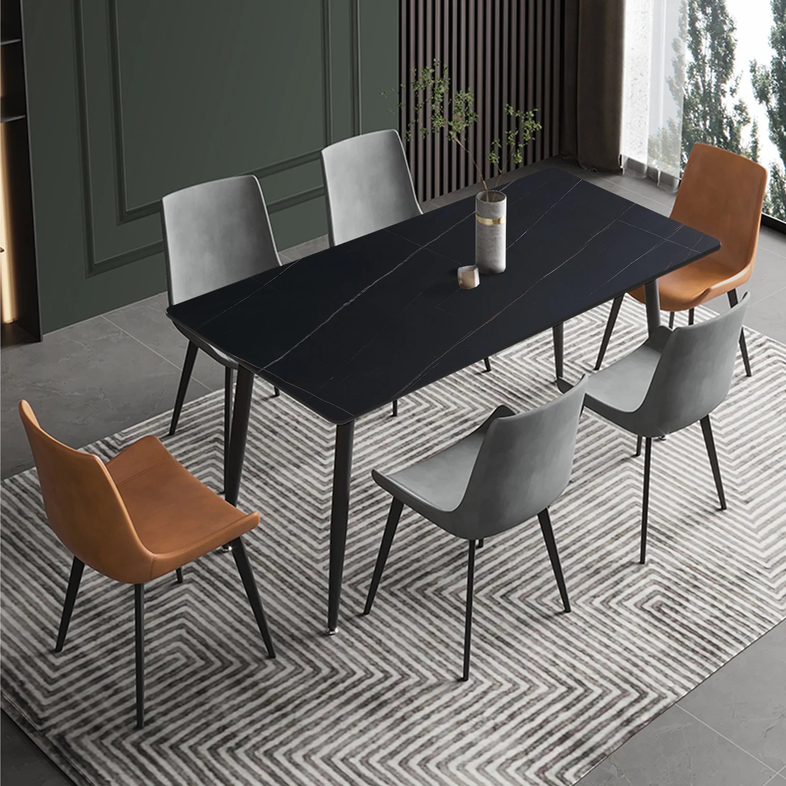 NOVA Modern Dining Room Furniture Black Slate Stone 4 6 Seat Rectangle Dining Table With Metal Base Marble Tables Sets