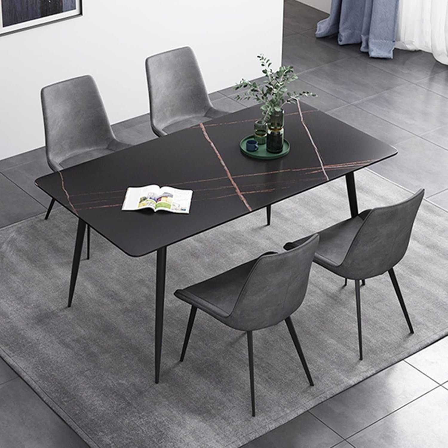 NOVA Modern Dining Room Furniture Black Slate Stone 4 6 Seat Rectangle Dining Table With Metal Base Marble Tables Sets