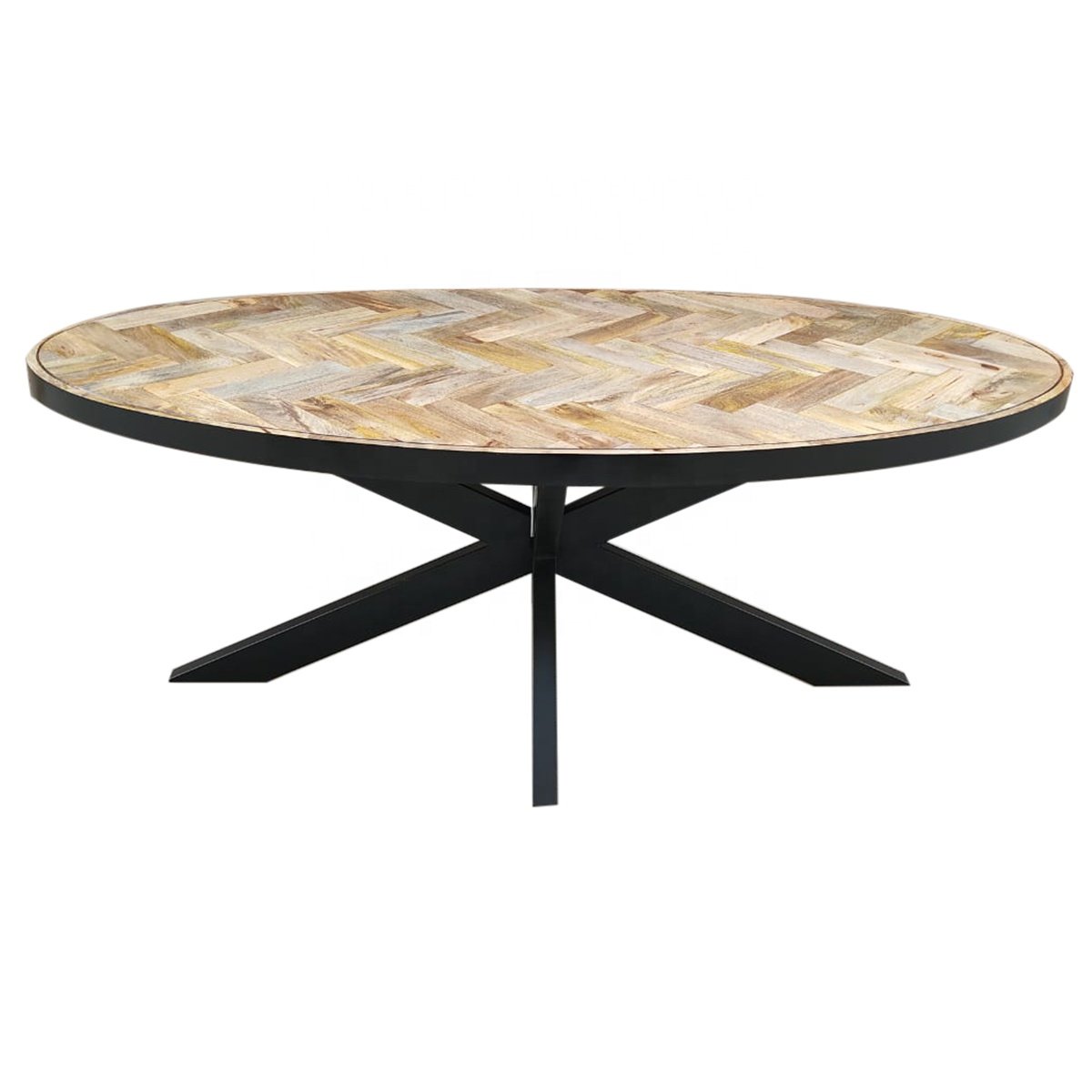 2023 Modern Design Oval Herringbone Dining Table Set Natural Herringbone Table Top with Steel Metric Legs